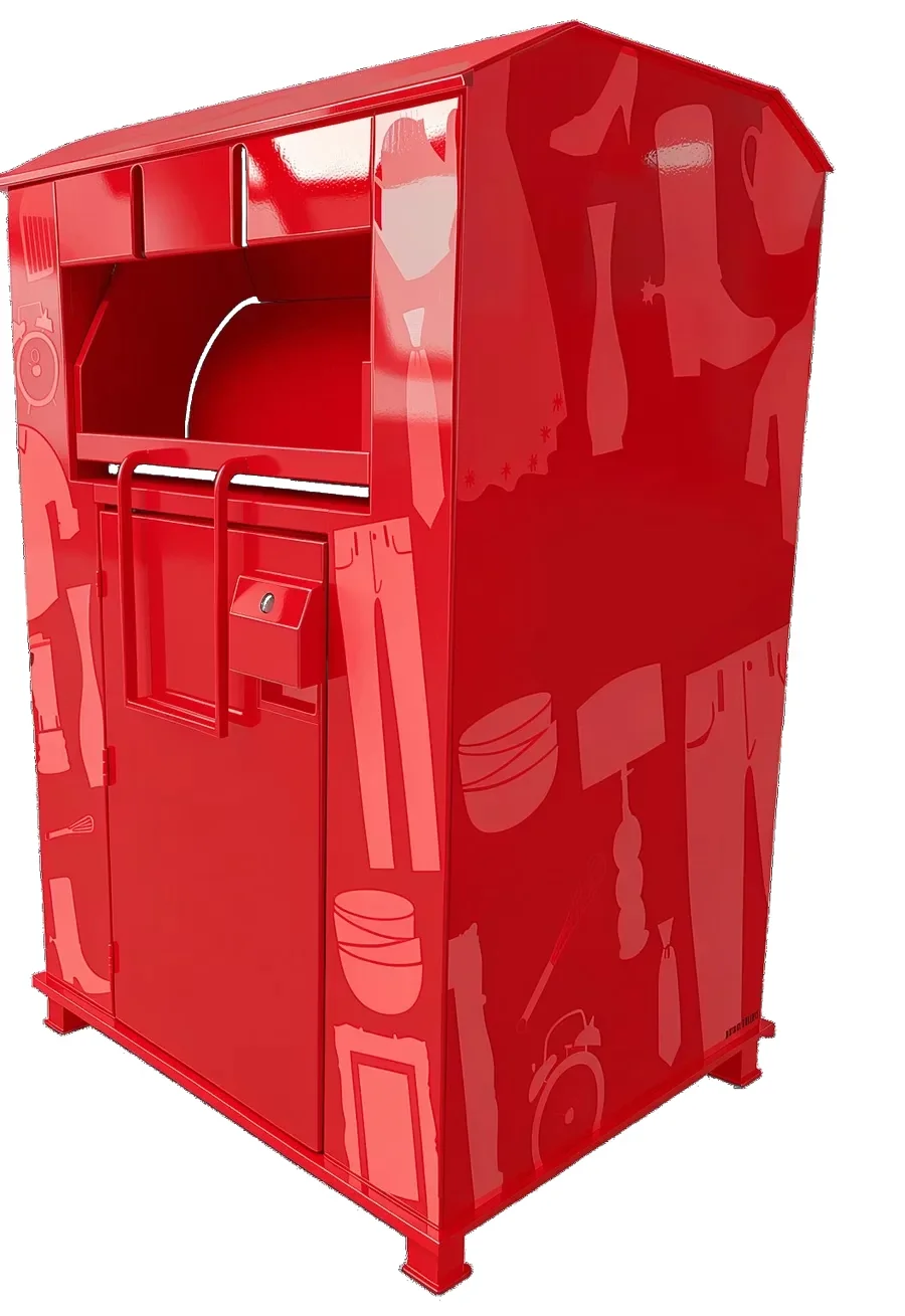 Rangeview red rolling chute clothing donation bin, Canadian made